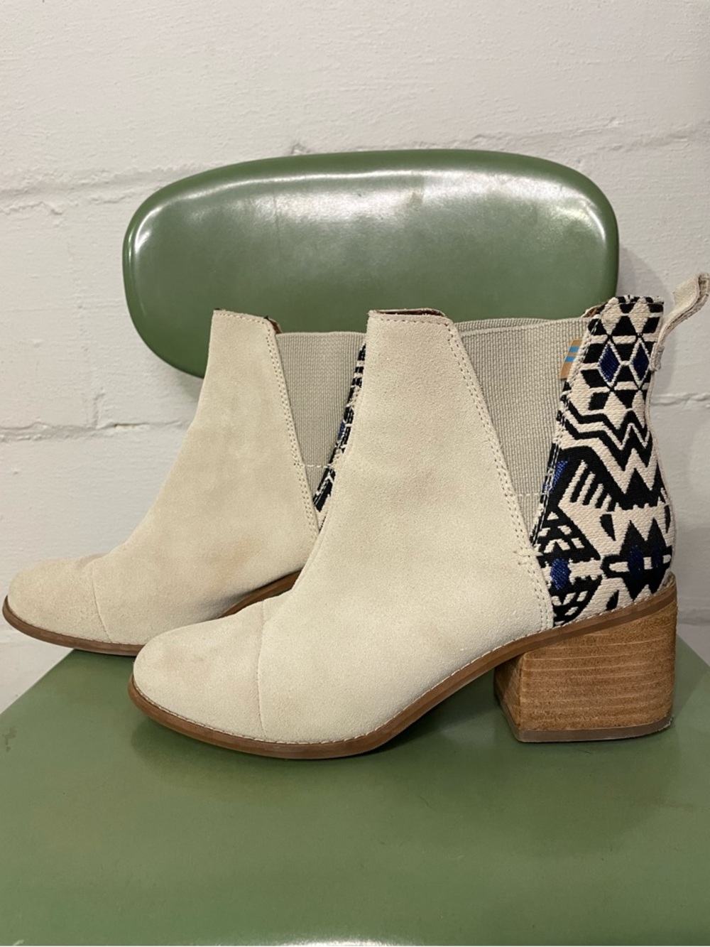 Toms Cream Suede Chelsea Booties with Blue & Black Patterned Heel - Picture 2 of 7